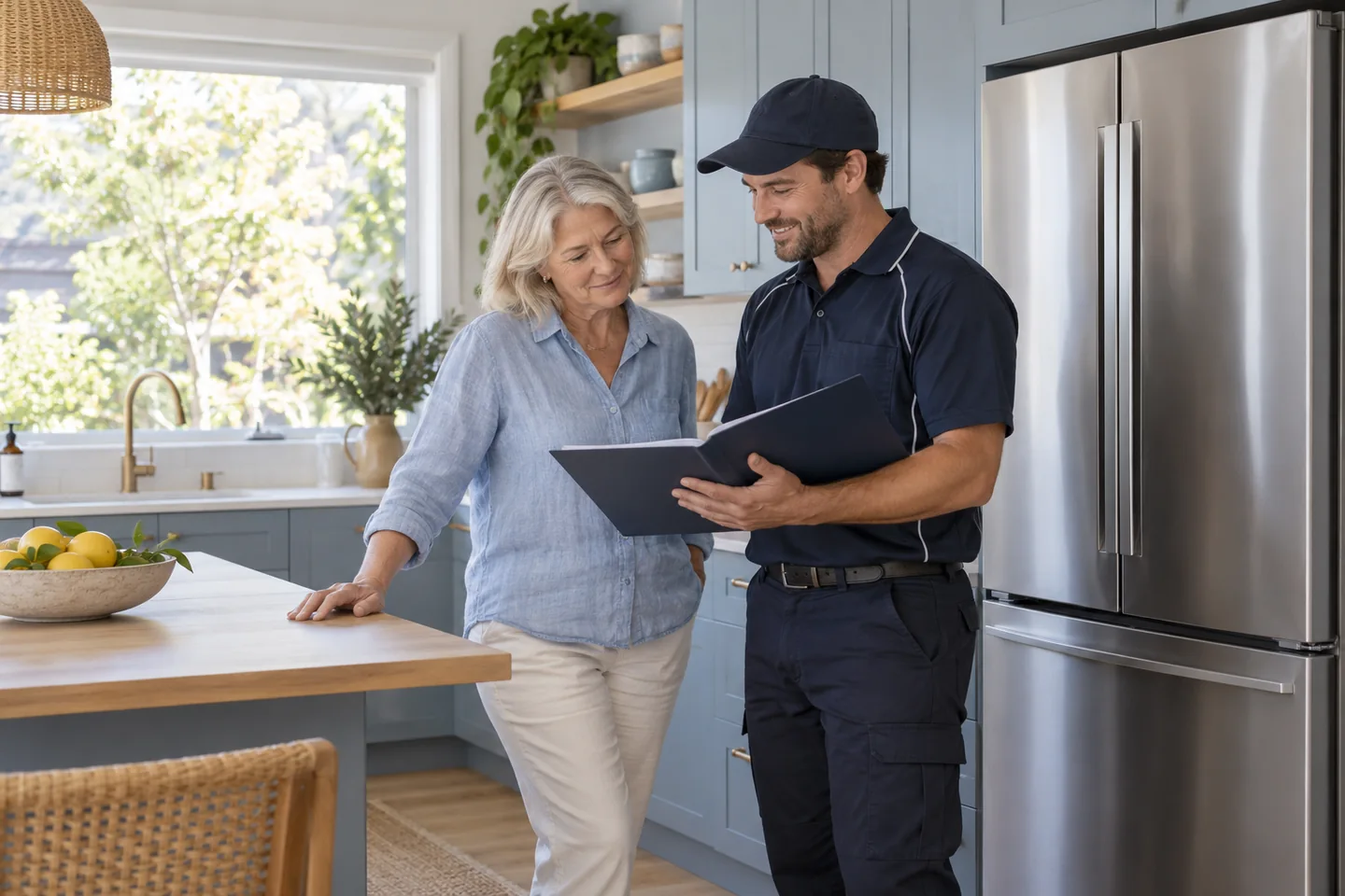 Illustrative homeowner and appliance professional discussing a folder beside a closed refrigerator