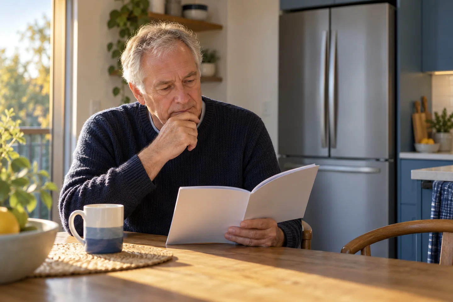 Householder reading an appliance manual at a kitchen table